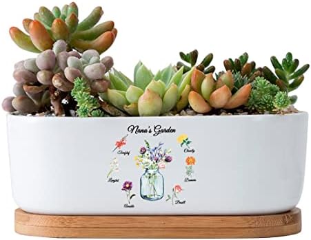 Personalized Birth Month Flower Plant Pot with Kids Names,Custom Grandma's Garden Ceramic Succulent Planter with Bamboo Tray Indoor Outdoor Home Decor Plants, for Mom Grandma,A1 by Uitwaieen