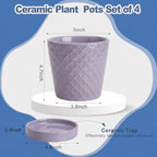 EFISPSS Ceramic Plant Pots, 5 Inch Planters with Drainage Holes and Ceramic Tray, Relief Design Flower Planter, Desktop Office Windowsill Decoration Gift Set of 4 - Lavender - Image 2
