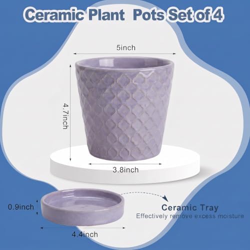 EFISPSS Ceramic Plant Pots, 5 Inch Planters with Drainage Holes and Ceramic Tray, Relief Design Flower Planter, Desktop Office Windowsill Decoration Gift Set of 4 - Lavender - Image 2