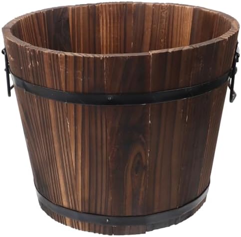 Vaguelly Rustic Wooden Barrels Planters Whiskey Barrels Bucket with Handle, Flower Planter Plant Pots Container Water Wishing Well Pail Garden Backyard Outdoor Indoor Decor by Vaguelly