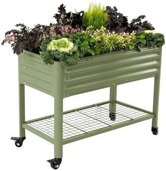 Vego garden Rolling Elevated Raised Garden Bed, 2' x 4' Outdoor Planters Boxes with Legs & Storage Rack for Patio, 700 Lbs Weight Capacity, Raised Beds for Gardening, Olive Green by Unknown