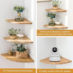 Corner Shelf, Solid Oak Wood Floating Corner Shelf Wall Mount Round End Floating Speaker Shelves with Wire Hole for Small Plant Photo for Bedroom Kitchen, Living Room - Image 4