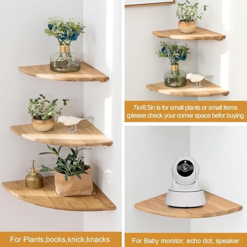 Corner Shelf, Solid Oak Wood Floating Corner Shelf Wall Mount Round End Floating Speaker Shelves with Wire Hole for Small Plant Photo for Bedroom Kitchen, Living Room - Image 4