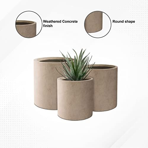 Round Concrete/Fiberglass Indoor & Outdoor Lightweight Decorative Plant Pots with Drainage Hole, Set of 3, 15.8", 12.5" & 9.8" L, Weathered Concrete - Image 6