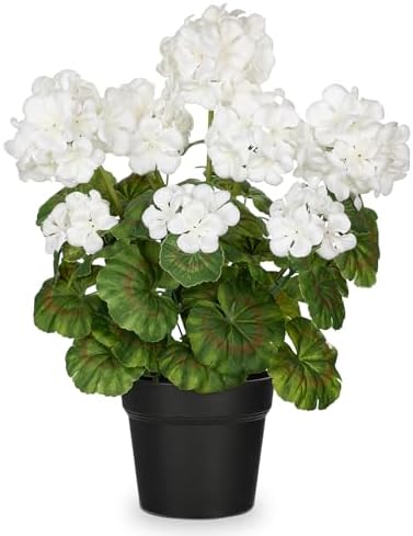 Briful Artificial Geranium Potted Plant – 16” Tall, Realistic Silk Flowers with Vibrant Green Leaves, White Geraniums Fake Flowers for Outdoors Home Décor, Wedding Farmhouse Office Tables Decor by Briful