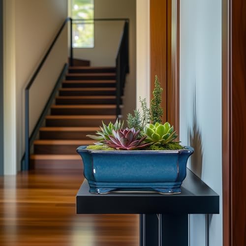 Bonsai Tree Pot - 13.7 Inch Large Ceramic Succulent Planter for Indoor Outdoor, Rectangle Plant Pot with Drainage Hole, Decorative Flower Pots, Home Decor, Gifts for Plant Lovers, Retro Blue - Image 5