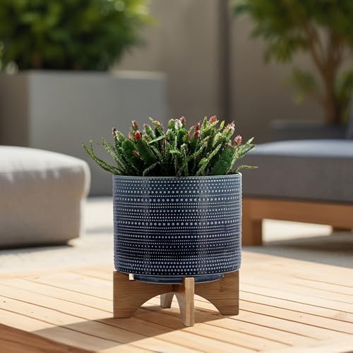 Dotted Decorative Planter Pot with Wood Stand – Ceramic Stoneware Outdoor & Indoor Plant Pot with Drainage Holes – Modern Garden & Home Decor Planters – 10", Blue - Image 2