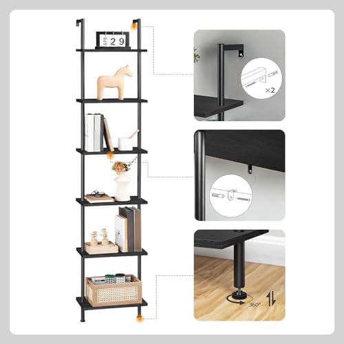 HOOBRO DIY Ladder Shelf, 6-Tier Wooden Wall Mounted Bookshelf, Narrow Bookcase, Display Shelf, Storage Rack, Plant Stand, for Living Room, Bedroom, Study, Balcony, Black BB651CJ01 - Image 5