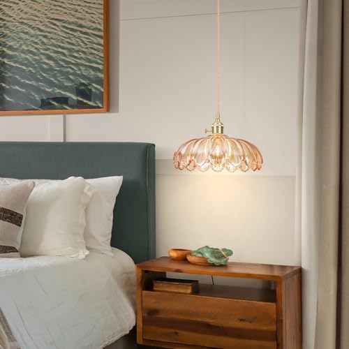 Pendant Lights Kitchen Island,Amber Glass Vintage Light Fixtures,9.8inch E26 Adjustable Hanging Light Flower Finish Ceiling Hanging Lamp for Bedroom Living Room Hallway 1 Light - Image 5