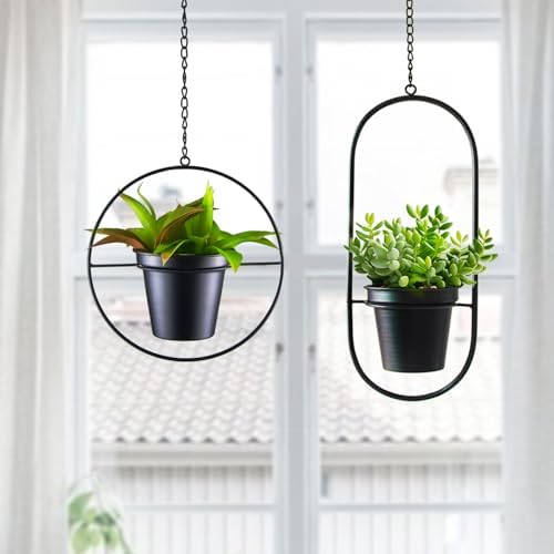 Modern Metal Hanging Planters Set of 2 - Round and Oval Geometric Plant Hangers with 5 Inch Pots - Black Wall and Ceiling Mount Flower Holders for Indoor and Covered Outdoor Décor - Image 5