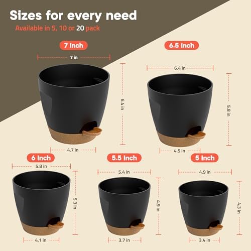 Black Self Watering Pots 20 Pack, Indoor and Outdoor Plant Pots with Wick Rope & Drainage Holes, Easy Watering Lip, Lightweight Plastic Self Watering Planter for Succulents, Houseplants, and Herbs - Image 2
