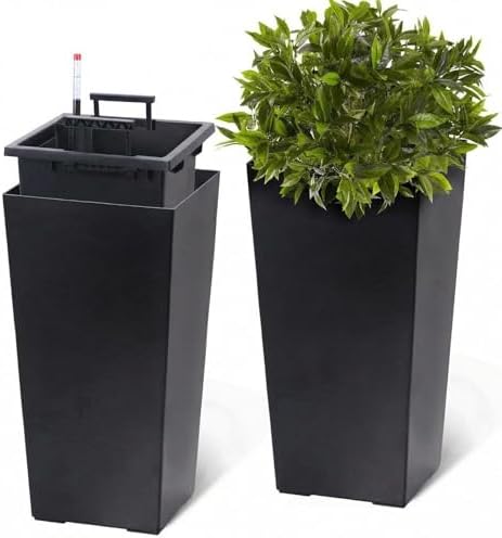 Patikuin 22.4" Tall Self-Watering Planters Set of 2, Black Modern Plant Pots with Water Level Monitor & Drainage Holes, Weather-Resistant Plastic for Indoor Outdoor Patio Porch Entryway by Patikuin