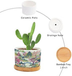 Chinoiserie White Coral Asian Planters Ceramic Chinoiserie Chic Asian Round Flower Pots with Drainage Holes and Bamboo Tray Pot for Home Office Decoration - Image 3