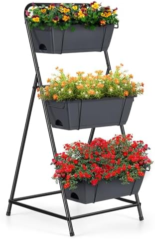 Vertical Garden Planter 3 Tier Raised Garden Bed Herb Planter Outdoor Standing Garden Planter Box with Drainage Holes Removable Tray for Patio Balcony Porch Grey by BTY