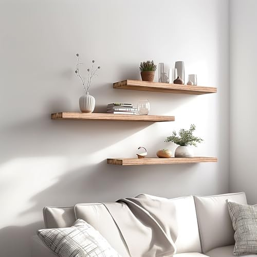 YYWUOJJ Wood Floating Shelves for Wall Decor, Rustic Wall Shelves for Bedroom Bathroom Kitchen Living Room, Set of 4 Light Walnut 24 Inch - Image 3