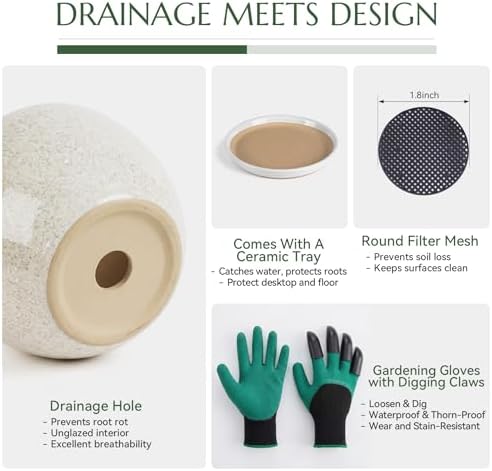 10.2 Inch Ceramic Planter with Saucer Leak-Proof Mesh &Drainage, Round Plant Pot with Gardening Gloves for Indoor Outdoor Plants - Image 4