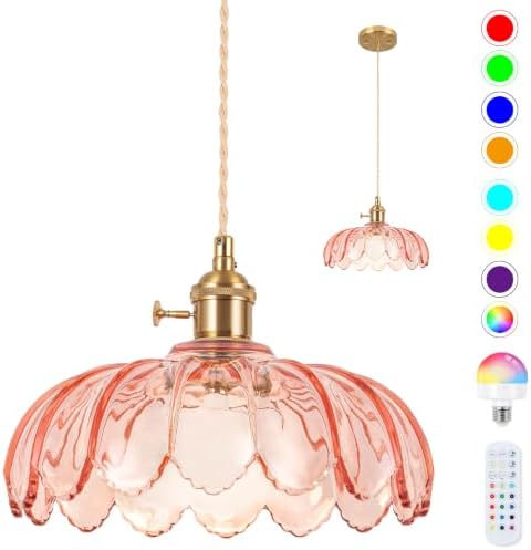 Battery Operated Pendant Light,Pink Vintage Light Fixtures RGB Rechargeable Light Bulb 2500mAh 9.8in with Remote Control Wireless Adjustable Chandelier for Kitchen Island Hallway 1 Light by Loiogohot