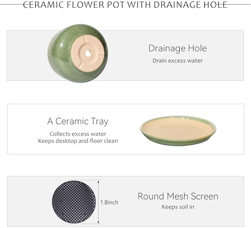 7.5 Inch Ceramic Planter with Saucer,Modern Garden Pots with Drainage Hole Mesh Net, for Indoor Outdoor Use (Crackle Green) - Image 4
