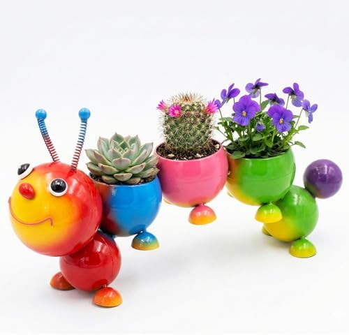 Metal Yard Art Garden Decor Handmade Cute Caterpillar Flower Pot for Mini Plant Cactus Flower Planter, Small Flower Pot for Office Desktop Yard Garden, Birthday Gift for Mom, Grandma-Colorful by FKKsparkler