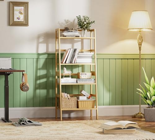 HITNET Ladder Shelf, 4-Tier Bookshelf, Bamboo Leaning Bookcase, Display Storage Rack Organizer, Freestanding Flower Plant Stand for Living Room, Home Office, Kitchen, Natural - Image 2