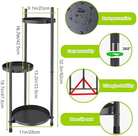 3 Tier Plant Stand Indoor Tall, Black Metal Corner Plant Stands for Indoor Multiple Plants, Flower Pot Stands Outdoor Holders Plant Shelf Display Rack for Garden Balcony Patio Living Room - Image 2