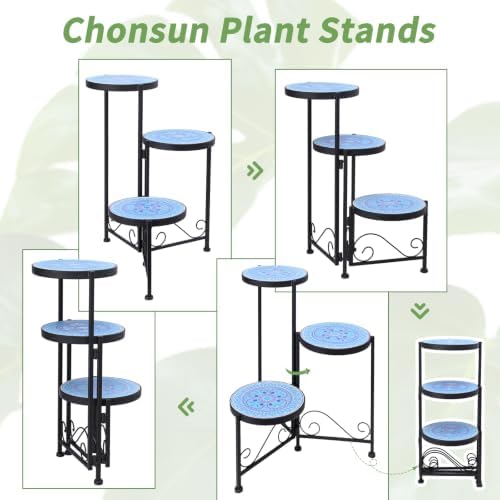 3 Tier Mosaic Corner Plant Stand Foldable Display Shelf Blue - Image 3