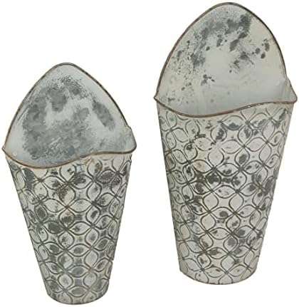 Set of 2 Wall Pocket Hanging Planters, 16 Inch Antiqued Gray Embossed Metal by Zeckos