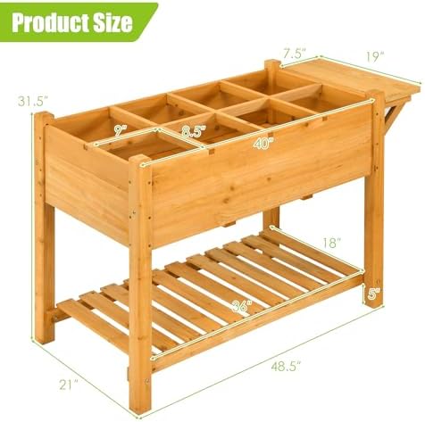 GIANTEX Planter Raised Bed, Elevated Raised Garden Box with 8 Grids and Side Work Table, Outdoor Wood Plant Container Backyard Patio (48.5" Lx21 Wx31.5 H) - Image 5
