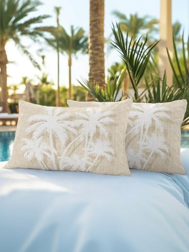 Tropical Palm Tree 12x20 Waterproof Outdoor Lumbar Pillows Set of 2 with Inserts, Vintage Beige Exotic Botanical Plants Patio Decorative Cushion Pillows for Outdoor Sofa Bench Porch Balcony - Image 5