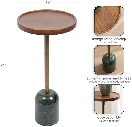 Kate and Laurel Shorrock Round Mango Wood Side Table, 12 x 12 x 24, Walnut Brown, Brass, and Green Marble, Modern Pedestal End Table with Marble Base for Bedroom Nightstand or Living Room Plant Stand - Image 3