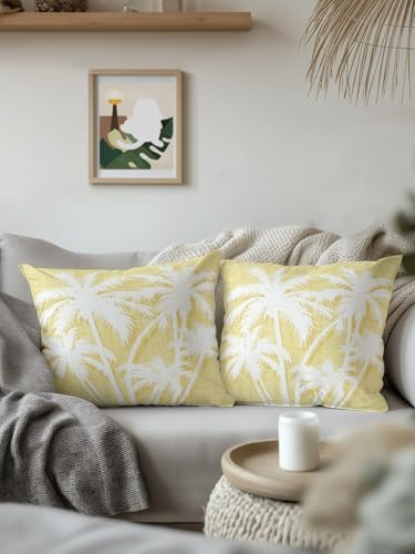 Tropical Palm Tree 18x18 Waterproof Outdoor Throw Pillows Set of 2 with Inserts, Vintage Yellow Exotic Botanical Plants Patio Decorative Cushions for Outdoor Sofa Porch Garden Furniture - Image 3