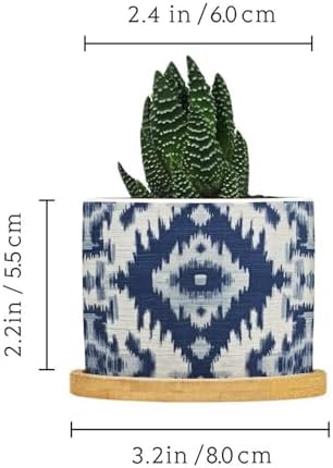 Blue Grey Ikat Planters Ceramic Solid Navy White Round Flower Pot with Drainage Holes and Bamboo Tray Pot for Indoor Outdoor Garden - Image 2