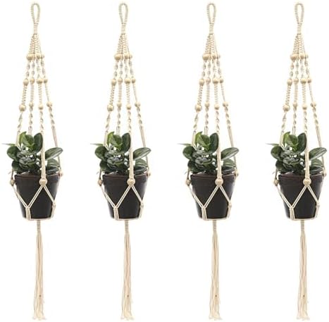 Wooden Beads Macrame Plant Hangers 39.4 in, Cotton Rope, 4 Pcs for Indoor & Outdoor, Small Succulent Pots Use by Chewtoyo