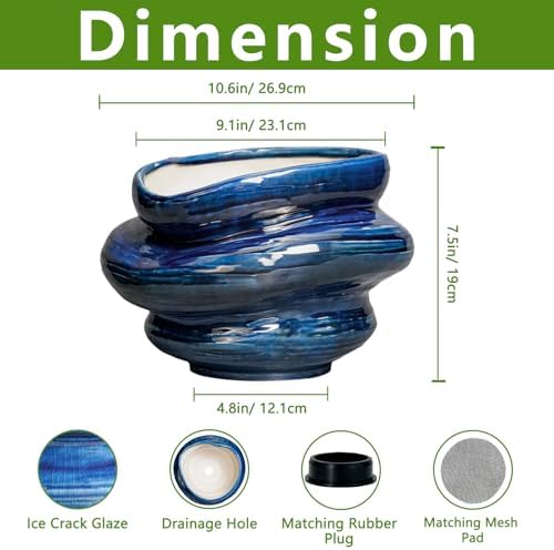 Ceramic Pots for Plants - 10.6 Inch Ceramic Planter with Drainage Hole, Decorative Planters for Indoor Outdoor, Unique Flower Pots, Garden Office House Decor, Birthday Housewarming Gifts, Blue - Image 3