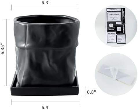 Nihow 6 Inch Ceramic Plant Pot with Drainage & Square Saucer,Black - Image 2