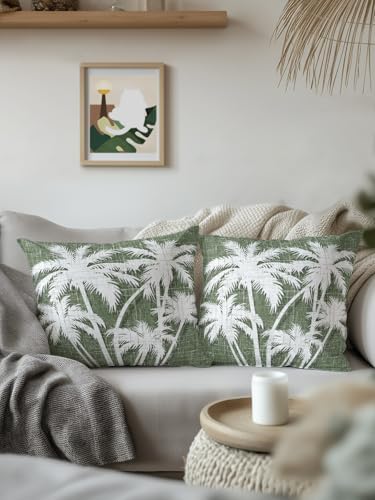 Outdoor Throw Pillow Set of 2, Tropical Palm Tree Waterproof Pillow with Insert Included, Vintage Moss Green Exotic Botanical Plants Decorative Accent Cushion Sofa Pillows for Patio Porch, 18 x 18 In - Image 4
