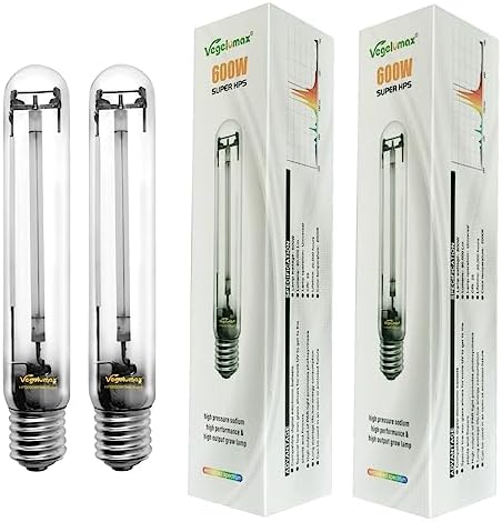 2-Pack 600 Watt Hydroponic High Pressure Sodium HPS Grow Light Bulb Lamp,High PAR Enhanced Red and Orange Spectrum, CCT 2100K, Ultra Bright 90,000 Lumens,E39 Base by Vegelumax