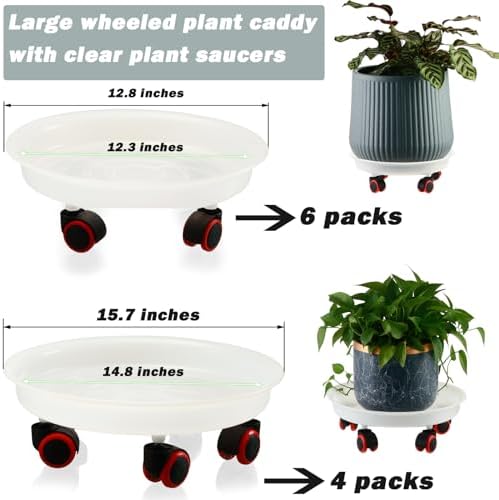 6 Packs 13 Inches Large Plant Caddy Plant Saucers on Wheels Rolling Plant Stands Heavy-Duty Plant Dolly Plastic Planter Roller Base Pot Movers Outdoor Plant Tray Coaster - Image 3