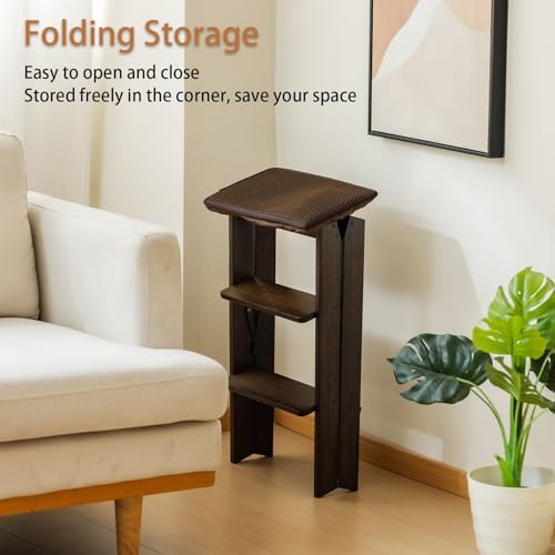 Latifolia Foldable 3 Step Ladder, Bamboo Step Stool with Floor Saver, Decorative Ladder Shelf for Living Room, Kitchen, Garden(Dark Walnut) - Image 6