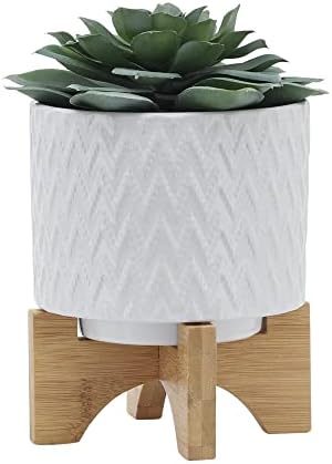 Modern Ceramic Planters with Wood Stand for Home Decor Elegant Flower Pots for Entryway, Garden, and Patio - Decorative Raised Container for Indoor and Outdoor Plants - 8", White & Tan - Image 4