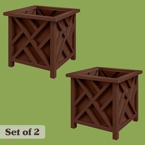 Lattice Design Outdoor Planter Box 2-Pack - 15.5” Square 16.5” Tall Brown Decorative Plant Pots for Front Porch Decor - Flower Pots Outdoor Planters for Porch Patio or Garden Decor by Pure Garden - Image 2