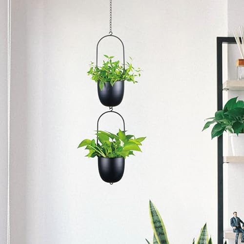 Metal Hanging Planters Set of 2 with 6 Inch Oval Pots - Stackable and Connectable Plant Hangers - Black Modular Wall and Ceiling Mount Holders for Indoor and Houseplants - Image 4