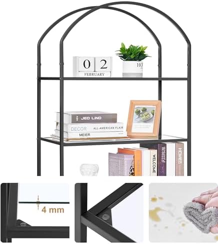 Homhedy 6-Tier Tall Black Bookshelf, Arched Bookcase with Glass Shelves - Image 5