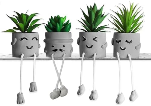 MAKHOT 4 Pcs Creative Artificial Succulent Plants with Cement Pot, Fake Small Plant for Desk Faux Succulents for Bathroom Decor, Mini Plants Succulent Cute Hanging Leg Potted for Office Shelf Decor by MAKHOT