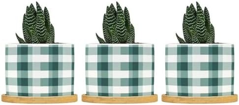 Sage Green Buffalo Plaid Planter Ceramic Green Buffalo Check Round Flower Pot with Drainage Holes and Bamboo Tray Pot for Home Office Desk Garden by BRUYU5SE
