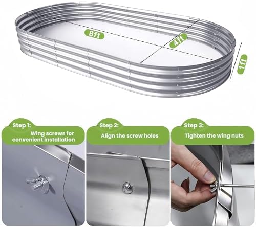 Galvanized Raised Garden Bed, Outdoor Planter Box for Gardening Metal Oval Raised Bed for Vegetables Flowers Herb & Fruit Easy Assembly Patio Kit for Planting Plants-SILVERY-8X4X1FT-1PCS - Image 2