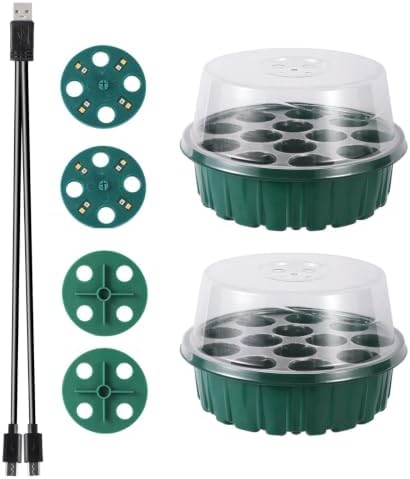 Seed Starter Tray with Built-in LED Grow Light, Adjustable Vent Humidity Dome Germination Box, Breathable Plant Seed Starting Pots, Indoor Garden Greenhouse Seedling (2-13 Cell Round GN) by Unknown