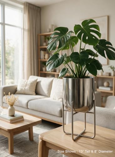 Serene Spaces Living Gold Planter with Detachable Metal Stand, Decorative Indoor Planter Pot, Flower Pots Stand for Living Room, Kitchen, Office, in 3 Sizes (Silver - Short) - Image 2