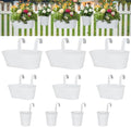 3 Different Size Metal Iron Hanging Flower Pots 10 Pcs for Outdoor Plants Metal Hanging Bucket Pots Iron Railing Fence Planter with Drainage Holes and Hooks for Porch Railing Balcony Fence (White) by HowRU