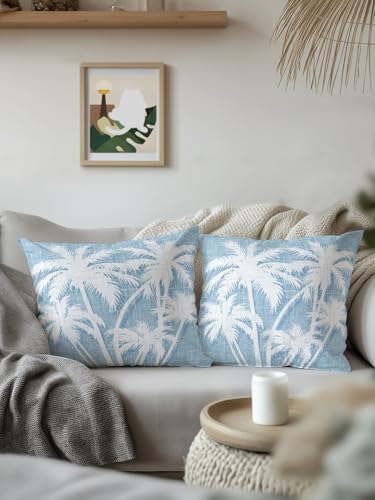 Throw Pillow 16x16 Inch, Tropical Palm Tree Waterproof Outdoor Pillow Covers with Insert, Vintage Light Blue Exotic Botanical Plants Decorative Pillowcase Cushion for Patio, Garden, Couch, Sofa, Bed - Image 3